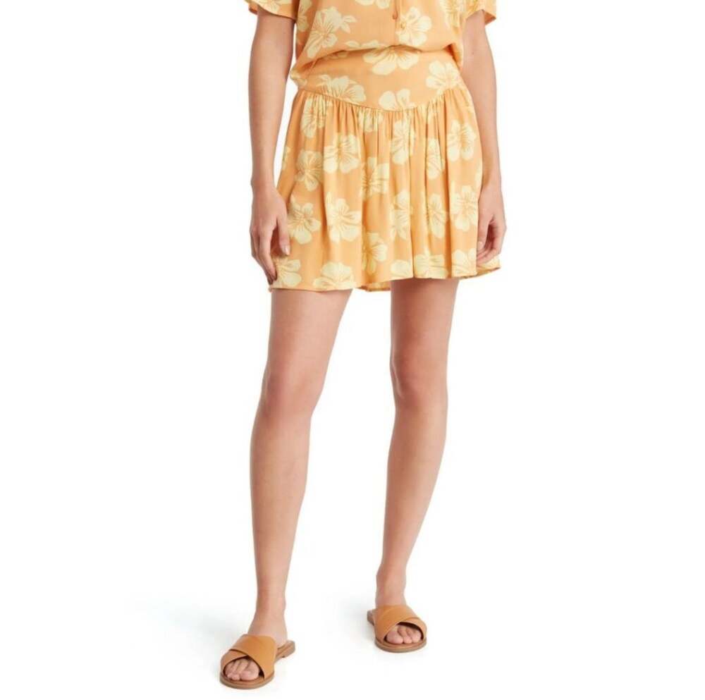 Abound Drop Waist Floral Mini Skirt Tropical Hibiscus Orange Yellow Retro Size M